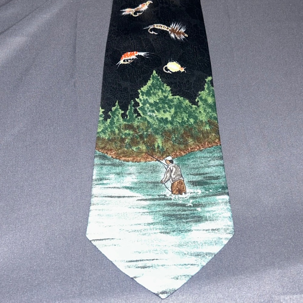 A Rogers Designs Fly Fishing Men's Neck Tie Black Green Blue Wading